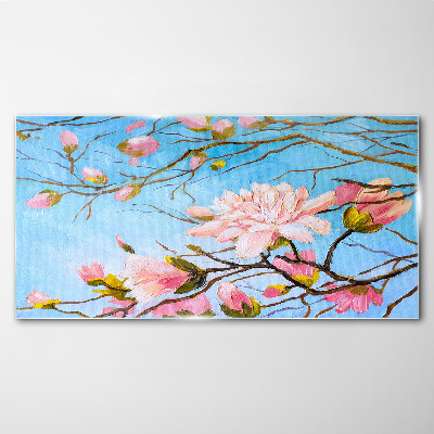 Magnolia flowers on a blue background Glass Wall Art