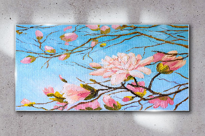 Magnolia flowers on a blue background Glass Wall Art