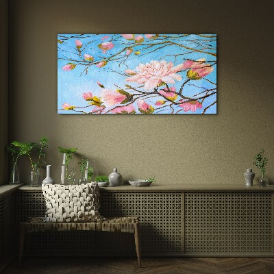 Magnolia flowers on a blue background Glass Wall Art