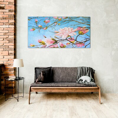 Magnolia flowers on a blue background Glass Wall Art
