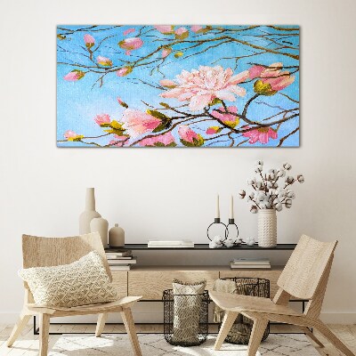 Magnolia flowers on a blue background Glass Wall Art
