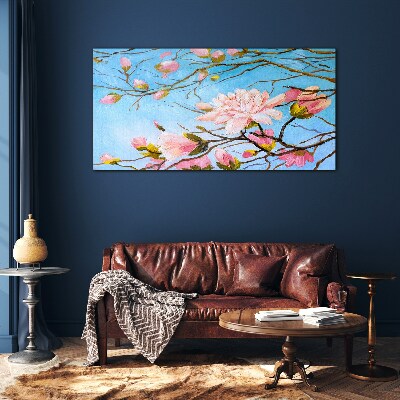 Magnolia flowers on a blue background Glass Wall Art