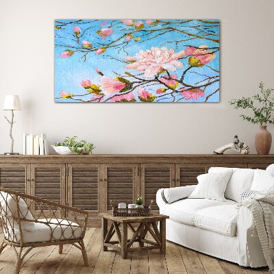 Magnolia flowers on a blue background Glass Wall Art