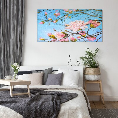 Magnolia flowers on a blue background Glass Wall Art