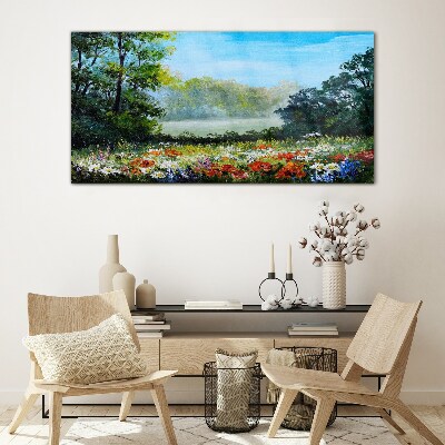 A flower landscape in the summer sun Glass Wall Art