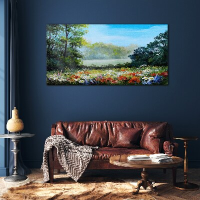 A flower landscape in the summer sun Glass Wall Art