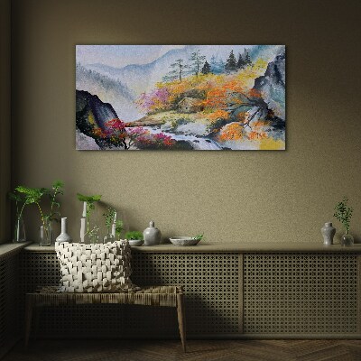 Abstraction mountains trees fog Glass Wall Art