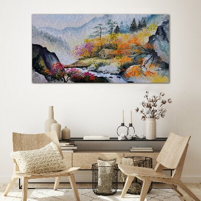 Abstraction mountains trees fog Glass Wall Art