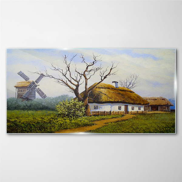 Countryside Scenery with a Windmill Glass Wall Art