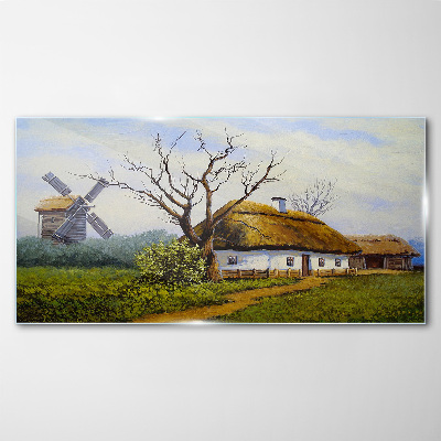 Countryside Scenery with a Windmill Glass Wall Art