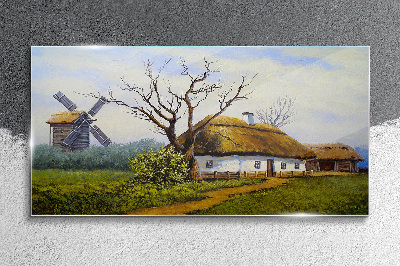 Countryside Scenery with a Windmill Glass Wall Art