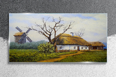 Painting village hut mill Glass Wall Art