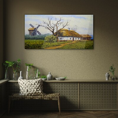 Countryside Scenery with a Windmill Glass Wall Art