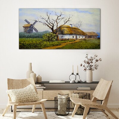 Countryside Scenery with a Windmill Glass Wall Art