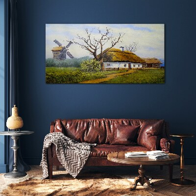 Countryside Scenery with a Windmill Glass Wall Art