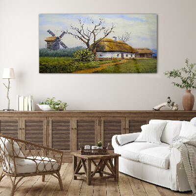 Countryside Scenery with a Windmill Glass Wall Art