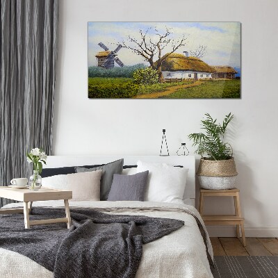 Countryside Scenery with a Windmill Glass Wall Art