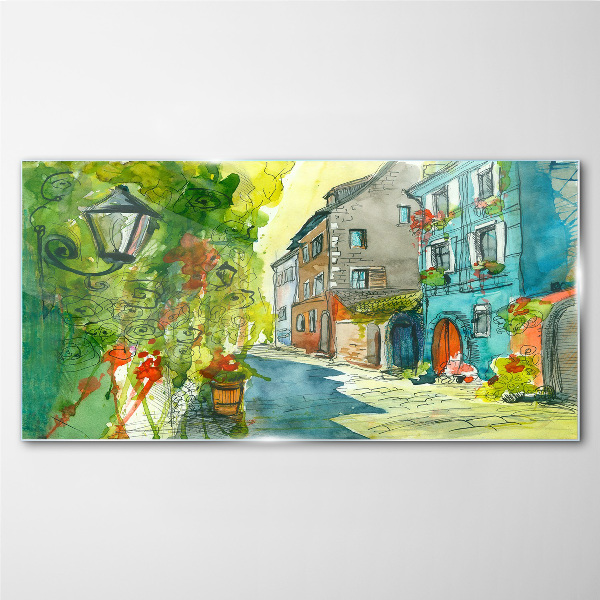A charming street in color Glass Wall Art