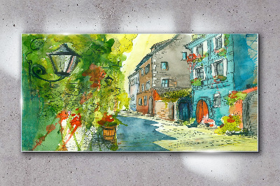A charming street in color Glass Wall Art