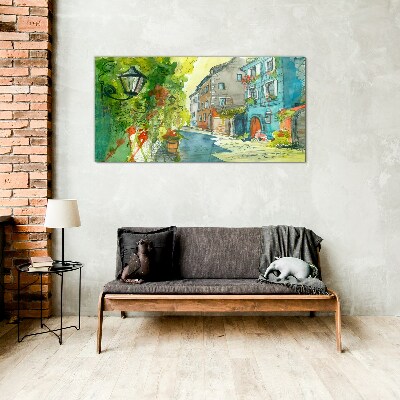 A charming street in color Glass Wall Art