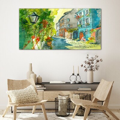 A charming street in color Glass Wall Art