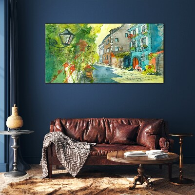 A charming street in color Glass Wall Art