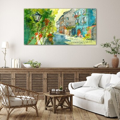 A charming street in color Glass Wall Art