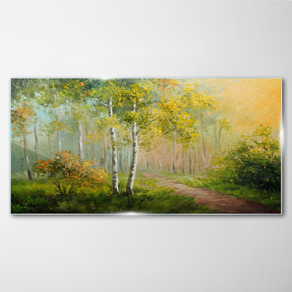 Forest path into golden mist Glass Wall Art