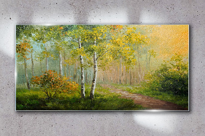 Forest path into golden mist Glass Wall Art
