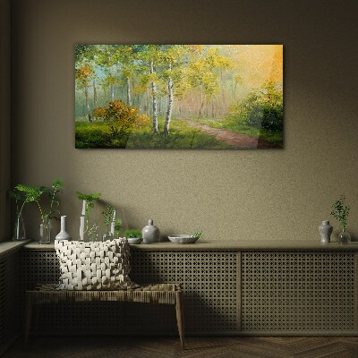 Forest path into golden mist Glass Wall Art