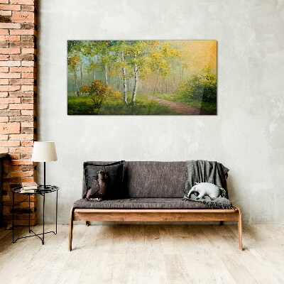 Forest path into golden mist Glass Wall Art