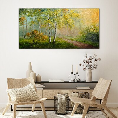 Forest path into golden mist Glass Wall Art