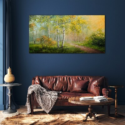Forest path into golden mist Glass Wall Art