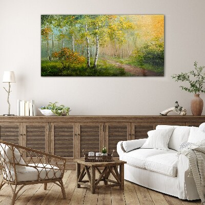 Forest path into golden mist Glass Wall Art