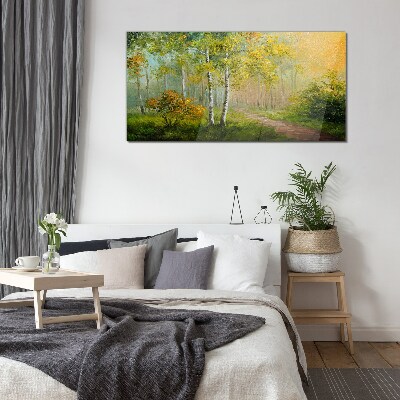 Forest path into golden mist Glass Wall Art