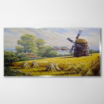 Rural landscape with a windmill Glass Wall Art