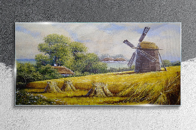 Rural landscape with a windmill Glass Wall Art