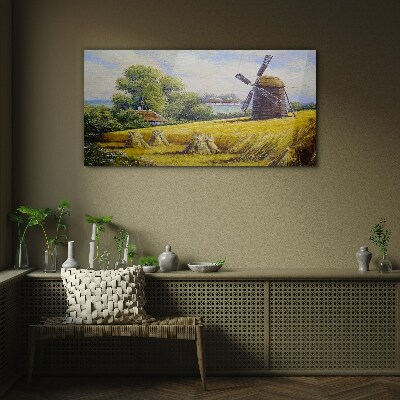 Rural landscape with a windmill Glass Wall Art