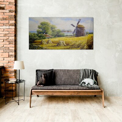 Rural landscape with a windmill Glass Wall Art