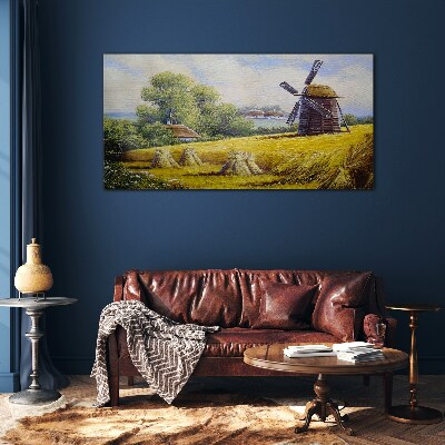 Rural landscape with a windmill Glass Wall Art