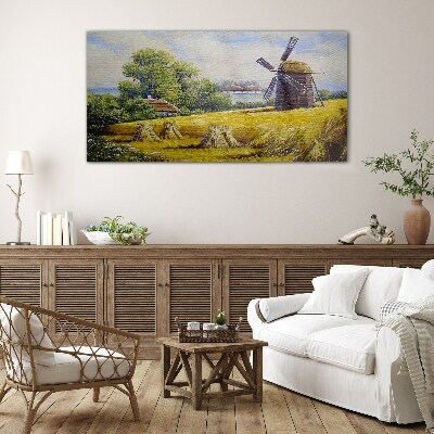 Rural landscape with a windmill Glass Wall Art