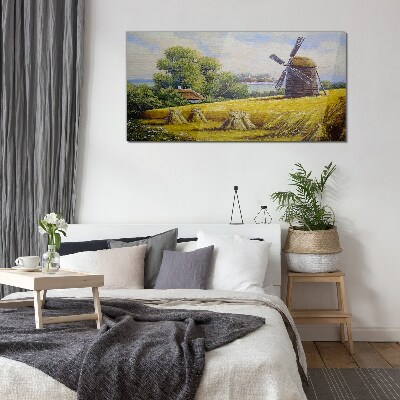 Rural landscape with a windmill Glass Wall Art