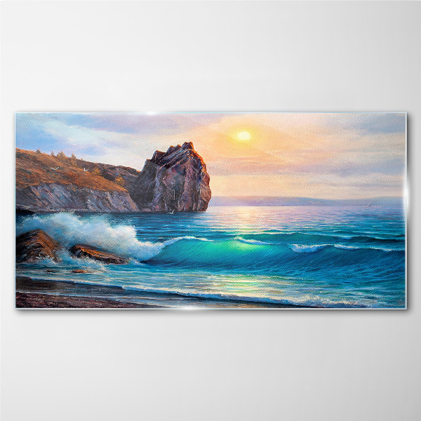 Calm sea at sunset Glass Wall Art