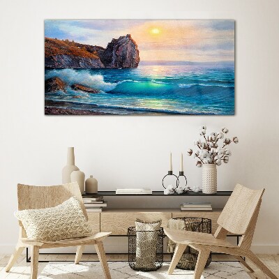 Calm sea at sunset Glass Wall Art
