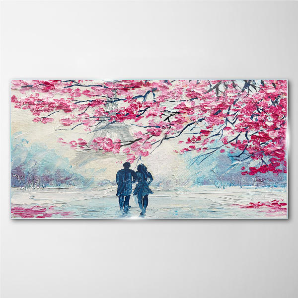 A spring walk under the blooming trees Glass Wall Art