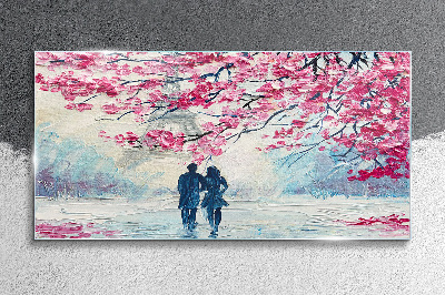 A spring walk under the blooming trees Glass Wall Art