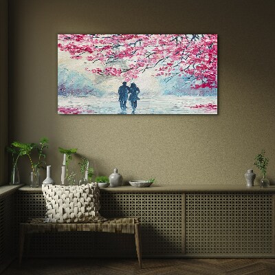 A spring walk under the blooming trees Glass Wall Art