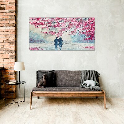 A spring walk under the blooming trees Glass Wall Art
