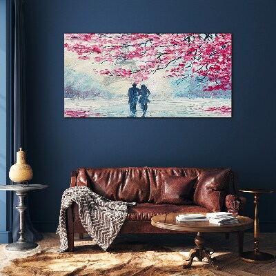 A spring walk under the blooming trees Glass Wall Art
