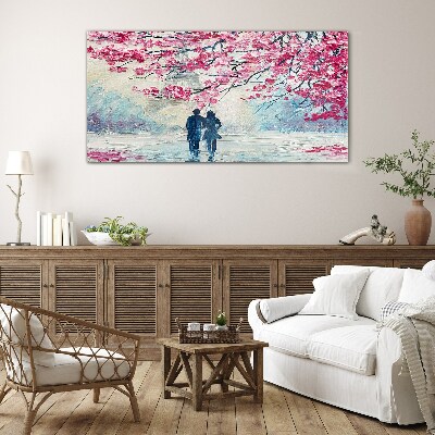 A spring walk under the blooming trees Glass Wall Art